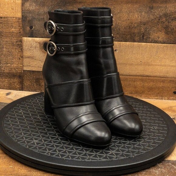 LANVIN OLIVER WOMENS BOOTS BLACK LEATHER BOOTIES DOUBLE STRAP CASUAL SZ 9.5B - Picture 3 of 13